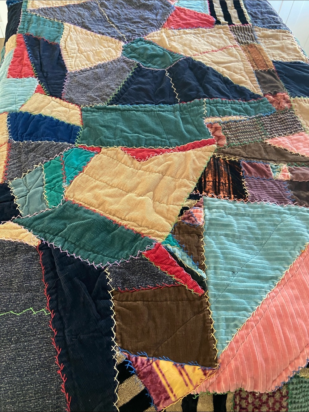 Vintage Handmade Corduroy Velvet Crazy Quilt 59x84